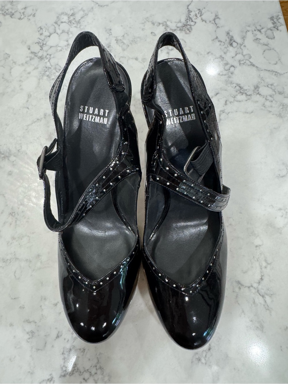 Stuart Weitzman Black Patent Mary Jane Sling Heels with Stud Detail